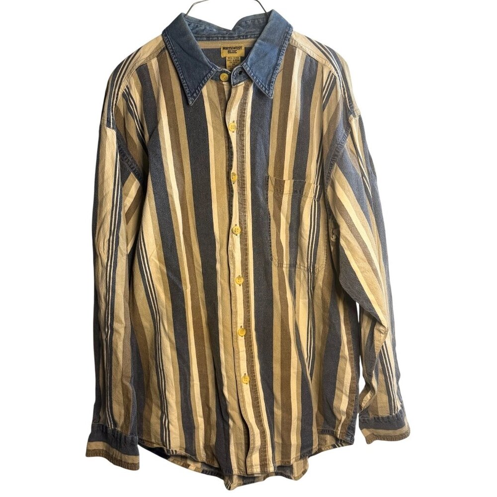 VTG Northwest Blue Men M Western Button Shirt Vertical Stripe Denim Collar 21x29